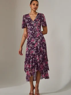 Mesh Print Frill Hem Midaxi Dress, Purple Floral