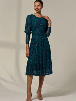 Mesh Puff Long Sleeve Midaxi Dress, Green Leopard