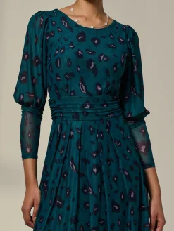 Mesh Puff Long Sleeve Midaxi Dress, Green Leopard