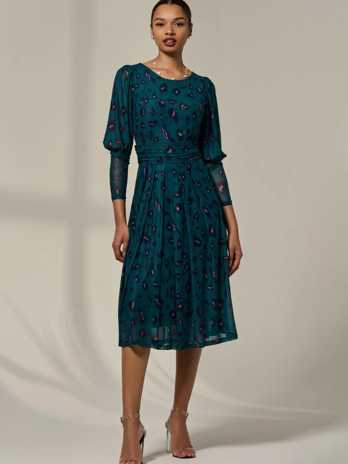 Mesh Puff Long Sleeve Midaxi Dress, Green Leopard