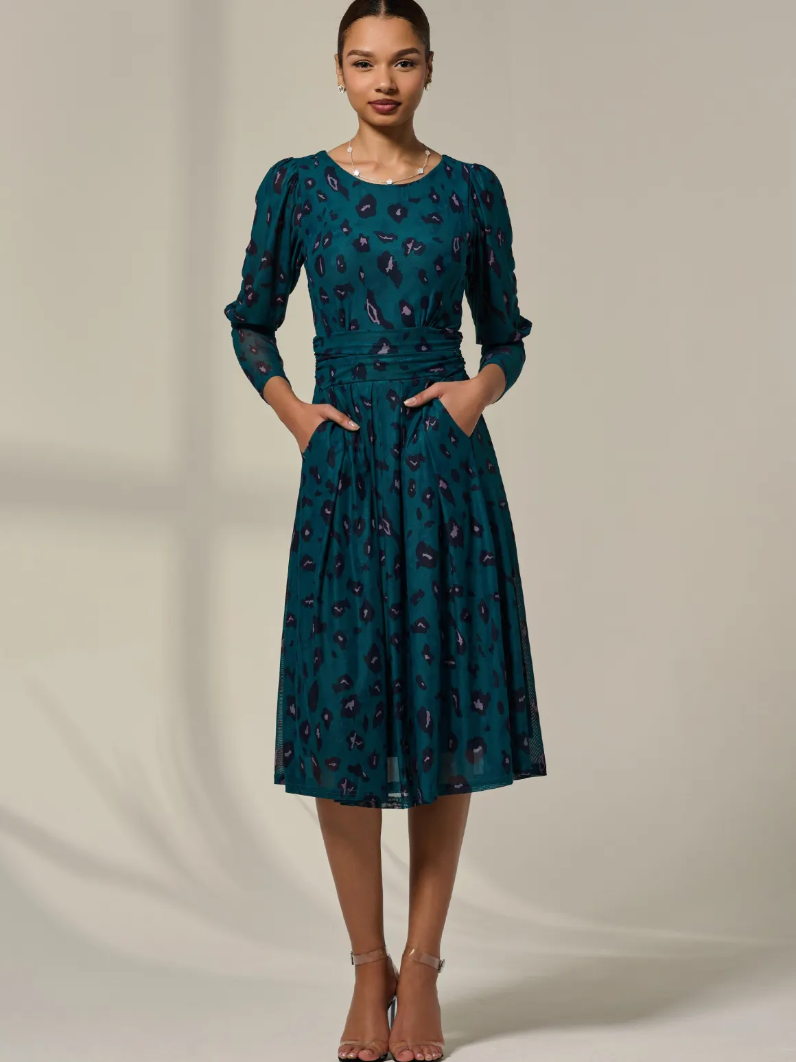 Mesh Puff Long Sleeve Midaxi Dress, Green Leopard