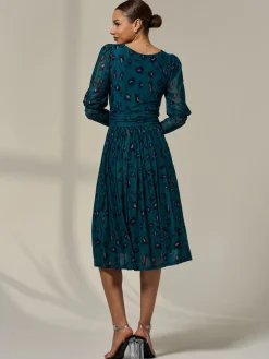 Mesh Puff Long Sleeve Midaxi Dress, Green Leopard