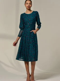 Mesh Puff Long Sleeve Midaxi Dress, Green Leopard