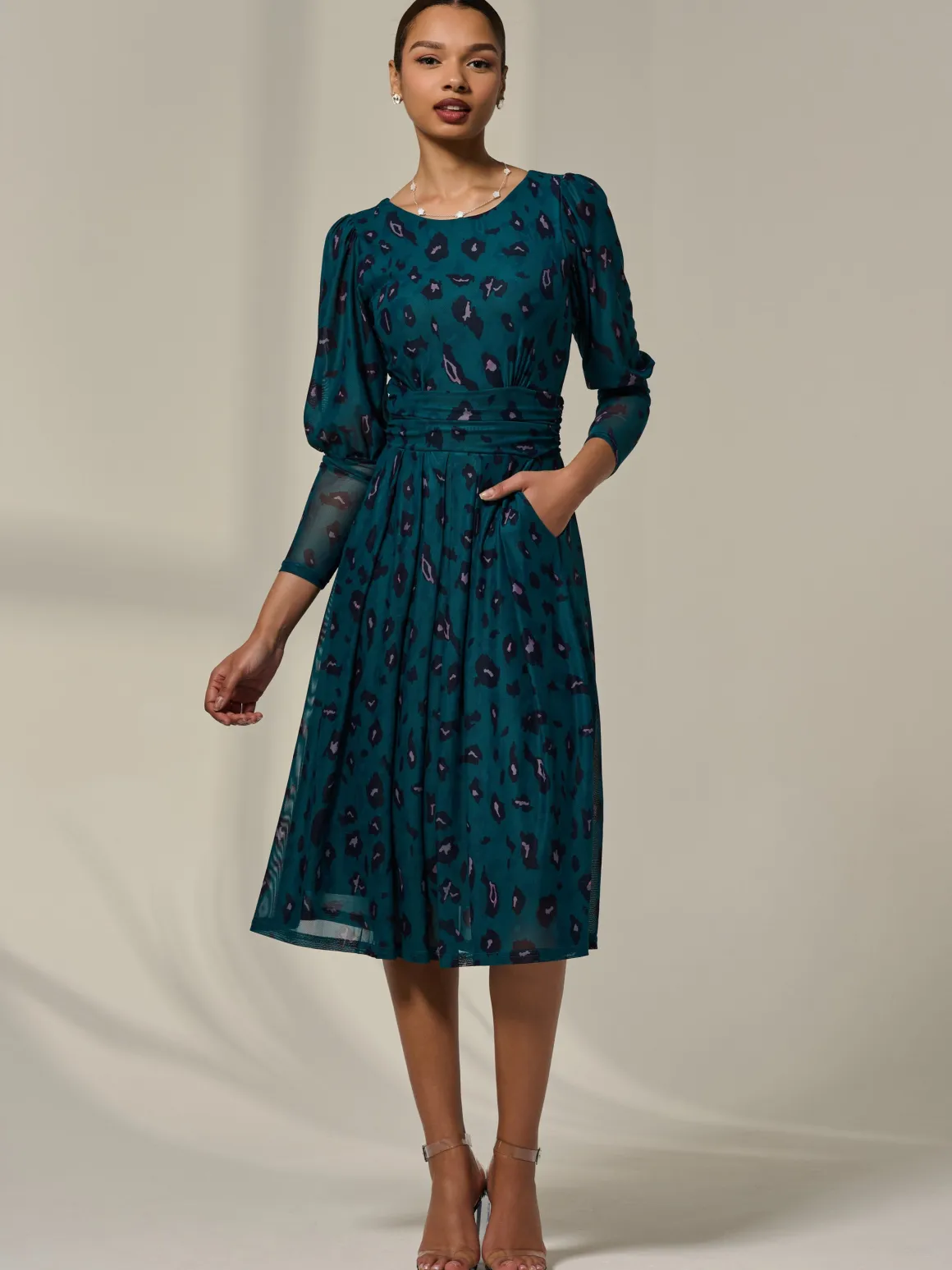 Mesh Puff Long Sleeve Midaxi Dress, Green Leopard