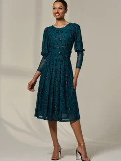 Mesh Puff Long Sleeve Midaxi Dress, Green Leopard