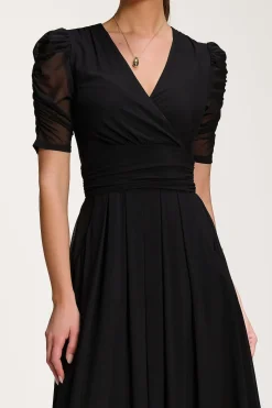 Mesh Ruched Sleeve Maxi Dress, Black