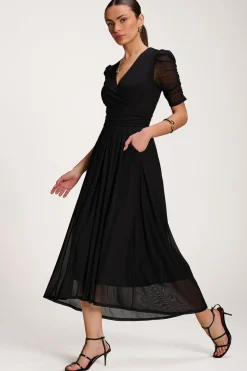 Mesh Ruched Sleeve Maxi Dress, Black