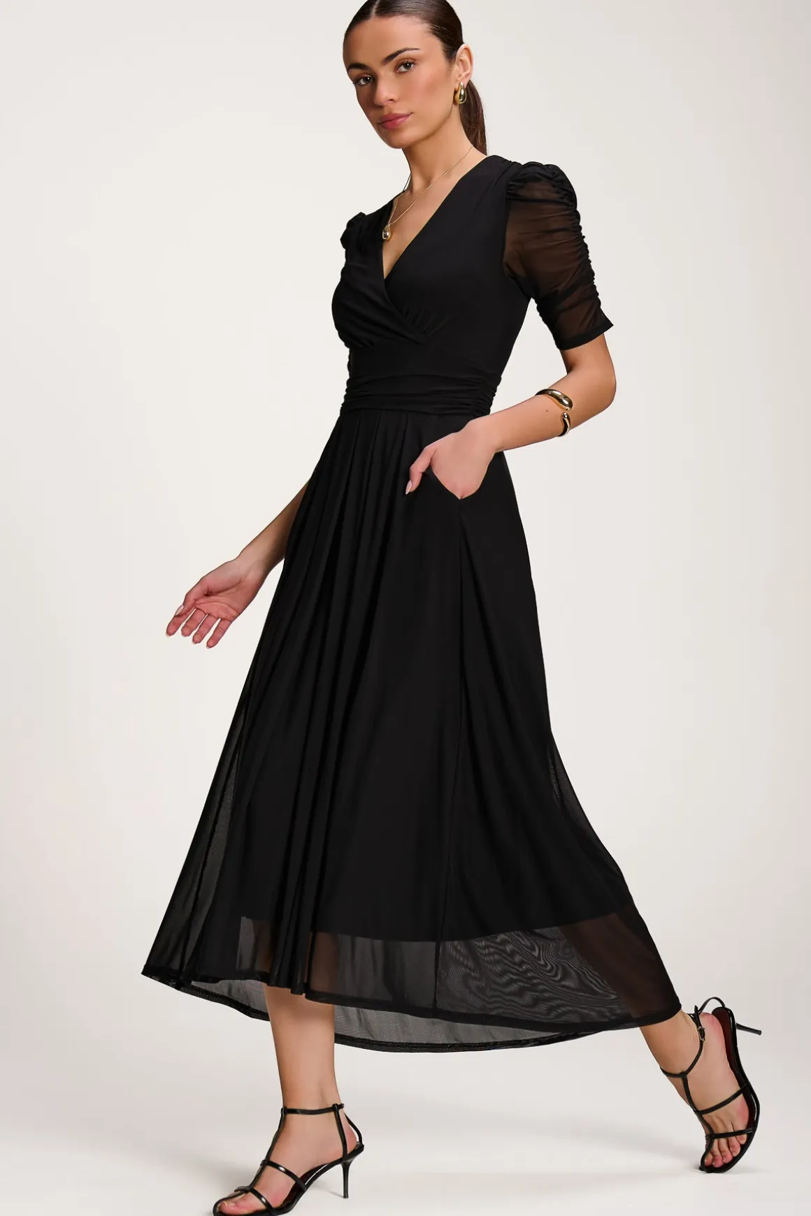 Mesh Ruched Sleeve Maxi Dress, Black