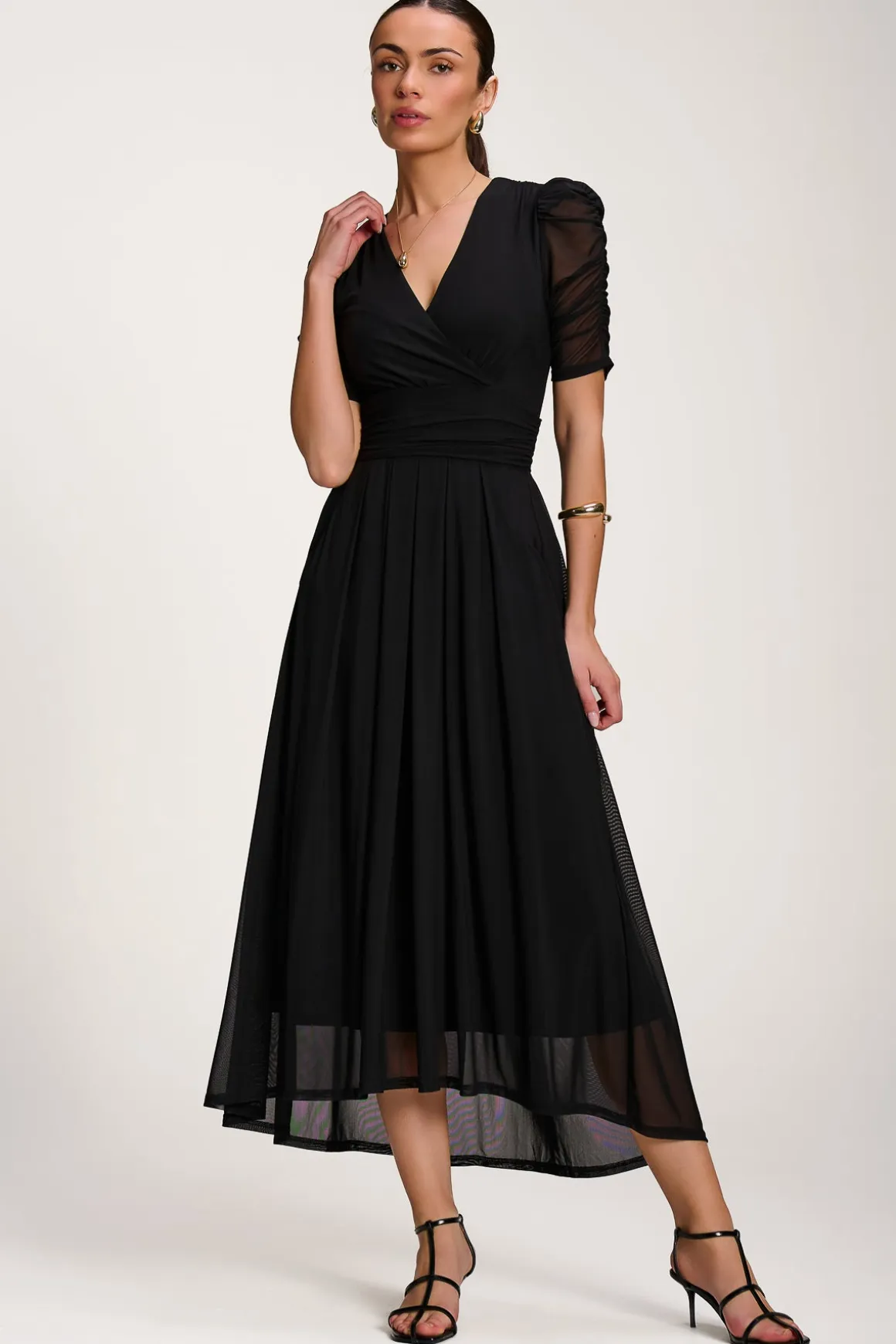 Mesh Ruched Sleeve Maxi Dress, Black