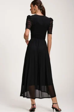 Mesh Ruched Sleeve Maxi Dress, Black
