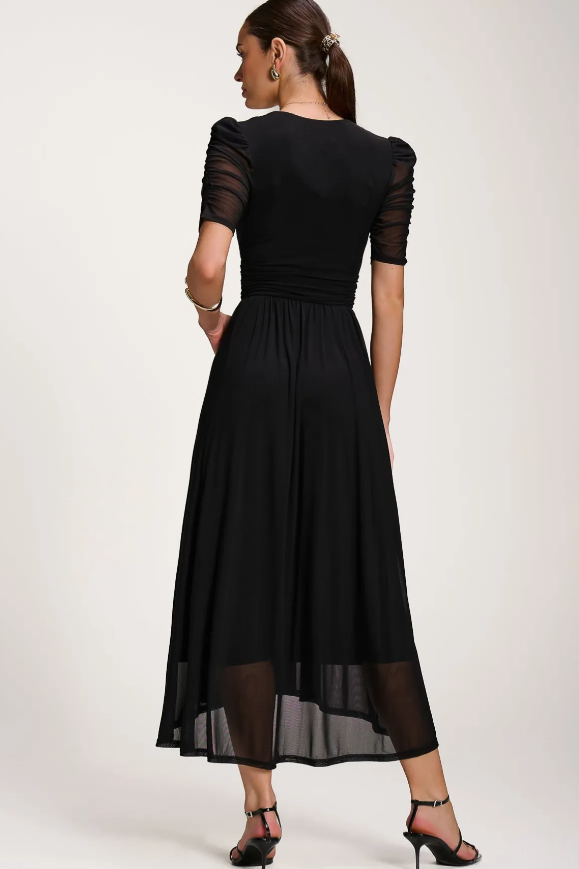 Mesh Ruched Sleeve Maxi Dress, Black