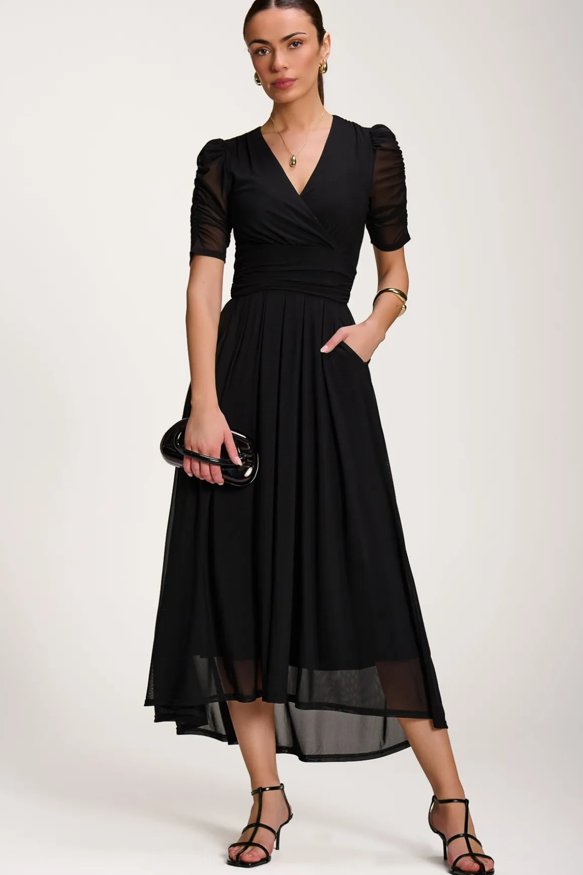 Mesh Ruched Sleeve Maxi Dress, Black