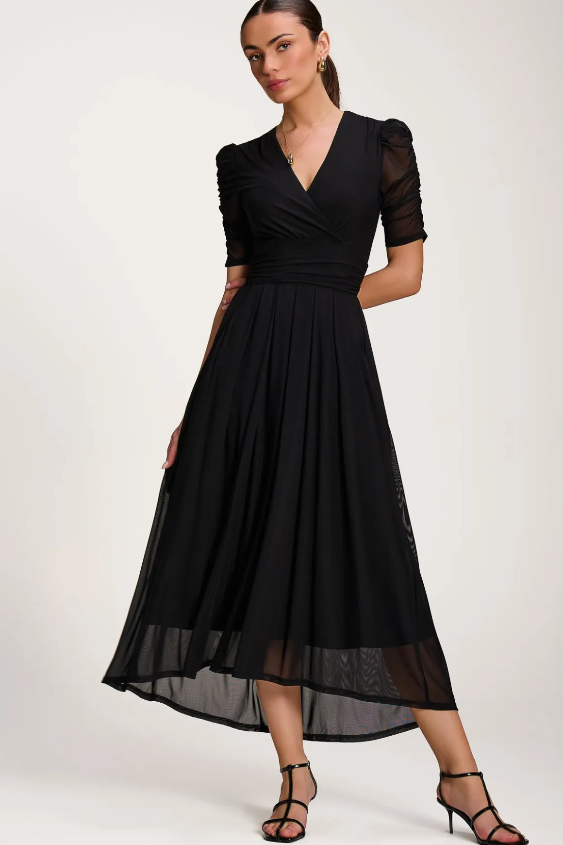 Mesh Ruched Sleeve Maxi Dress, Black