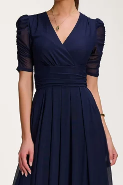 Mesh Ruched Sleeve Maxi Dress, Navy