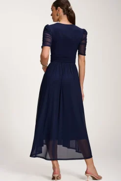 Mesh Ruched Sleeve Maxi Dress, Navy