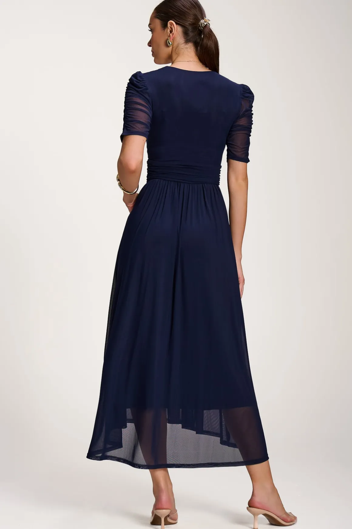 Mesh Ruched Sleeve Maxi Dress, Navy