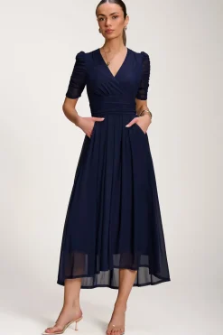 Mesh Ruched Sleeve Maxi Dress, Navy