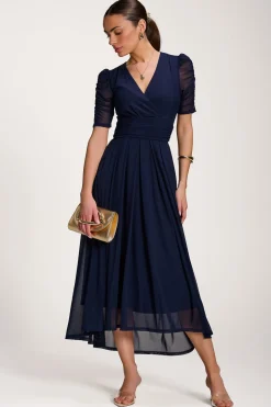 Mesh Ruched Sleeve Maxi Dress, Navy