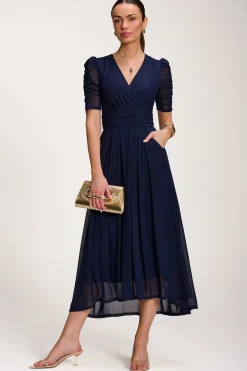 Mesh Ruched Sleeve Maxi Dress, Navy