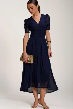 Mesh Ruched Sleeve Maxi Dress, Navy
