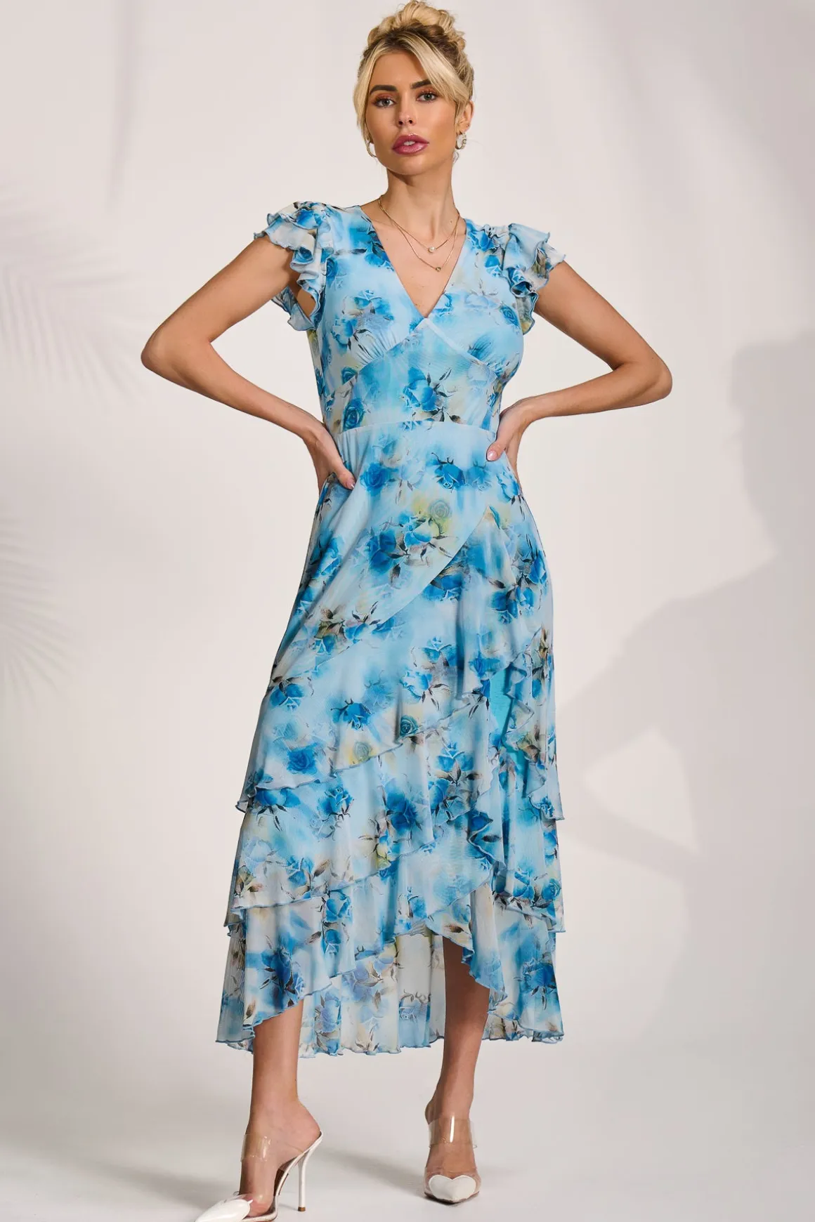 Mesh Ruffle Detail Maxi Dress, Blue Floral