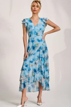 Mesh Ruffle Detail Maxi Dress, Blue Floral