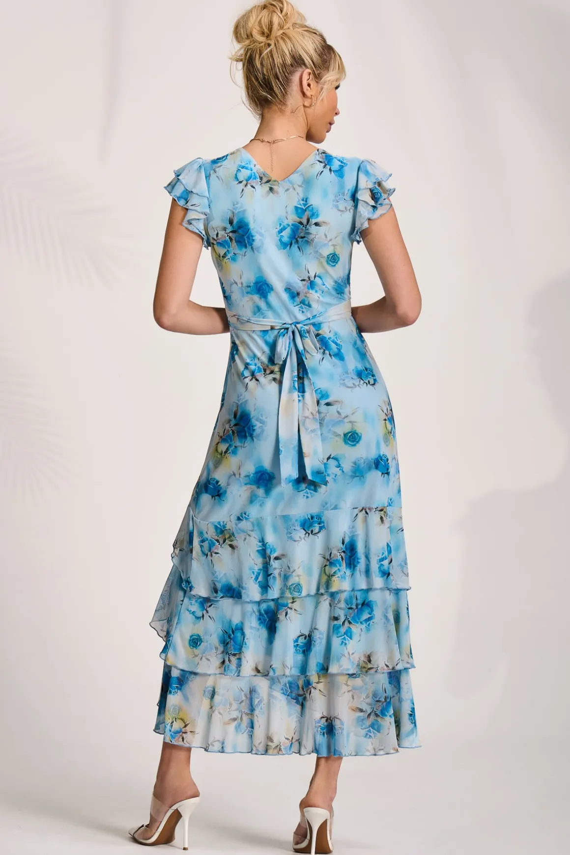 Mesh Ruffle Detail Maxi Dress, Blue Floral