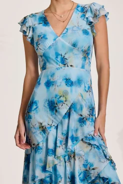 Mesh Ruffle Detail Maxi Dress, Blue Floral