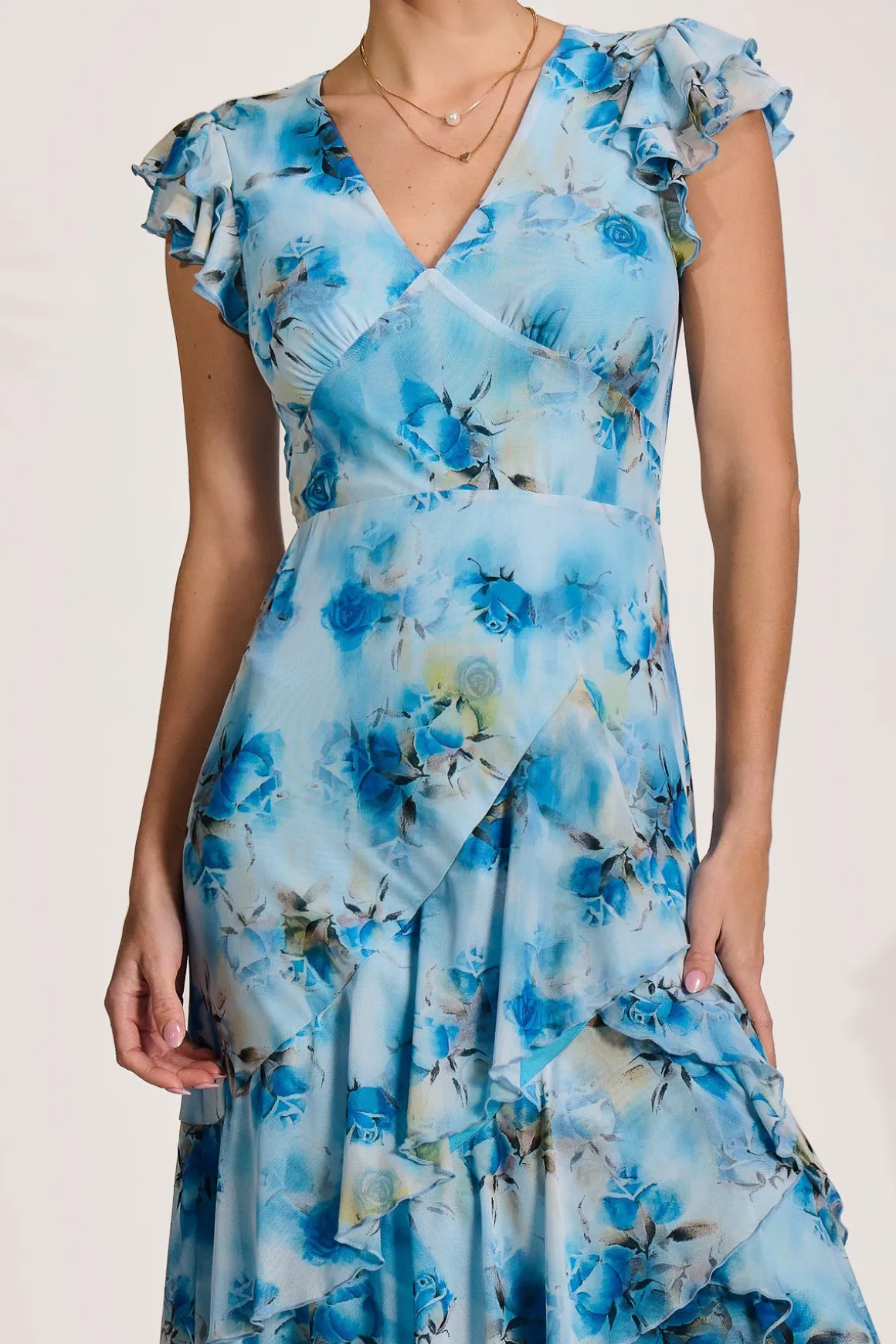 Mesh Ruffle Detail Maxi Dress, Blue Floral
