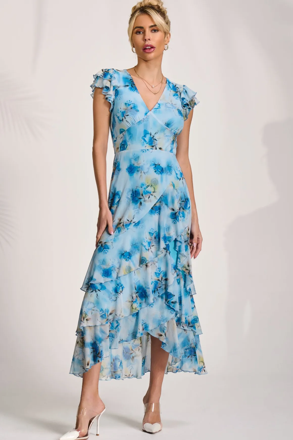 Mesh Ruffle Detail Maxi Dress, Blue Floral