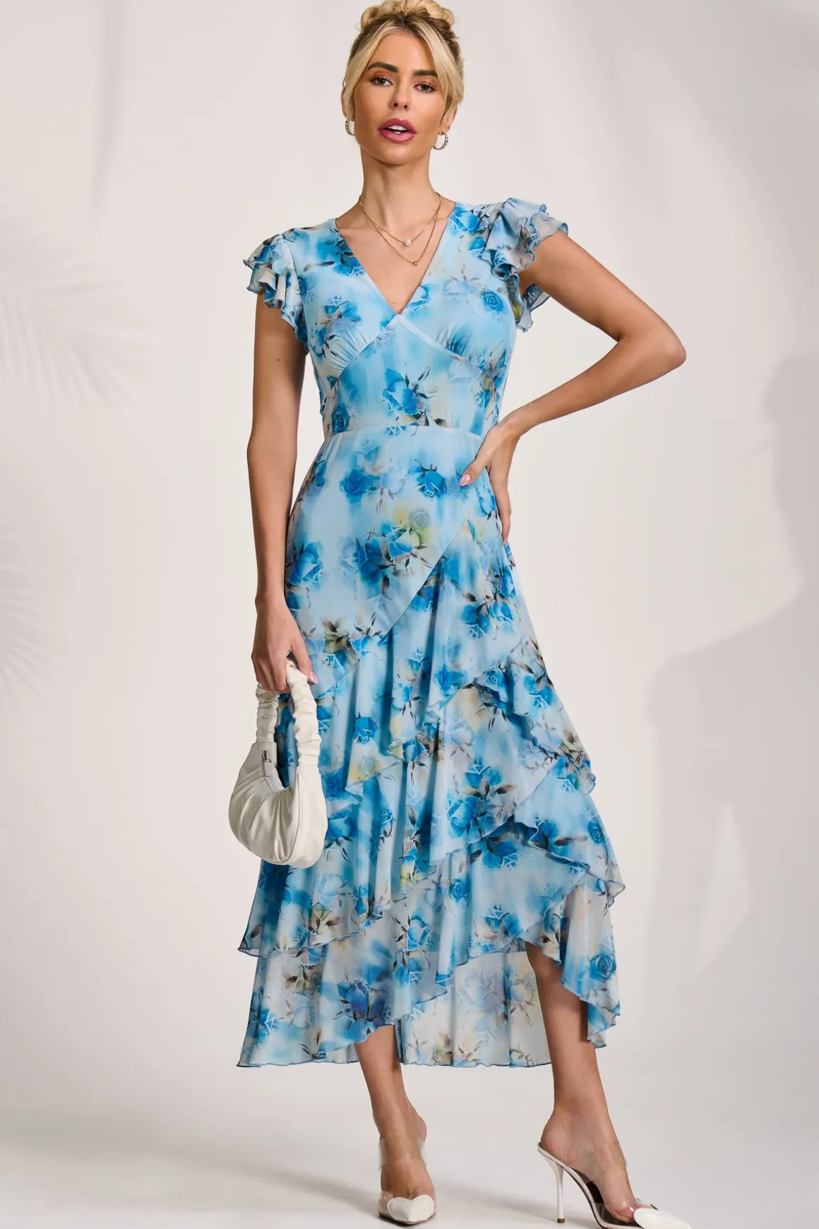 Mesh Ruffle Detail Maxi Dress, Blue Floral