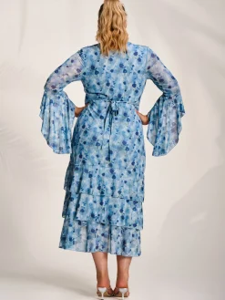 Mesh Ruffle Sleeve Tiered Midaxi Dress, Blue Floral