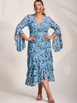 Mesh Ruffle Sleeve Tiered Midaxi Dress, Blue Floral