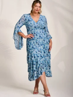 Mesh Ruffle Sleeve Tiered Midaxi Dress, Blue Floral