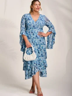 Mesh Ruffle Sleeve Tiered Midaxi Dress, Blue Floral
