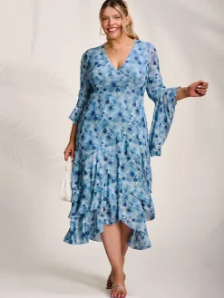 Mesh Ruffle Sleeve Tiered Midaxi Dress, Blue Floral