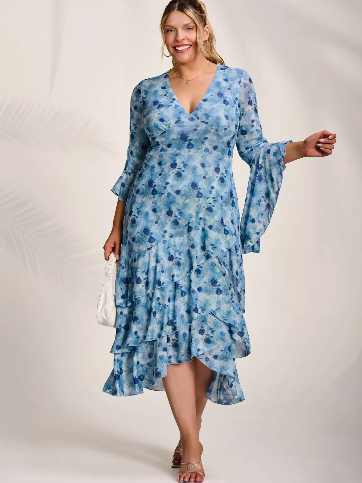 Mesh Ruffle Sleeve Tiered Midaxi Dress, Blue Floral