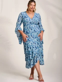 Mesh Ruffle Sleeve Tiered Midaxi Dress, Blue Floral