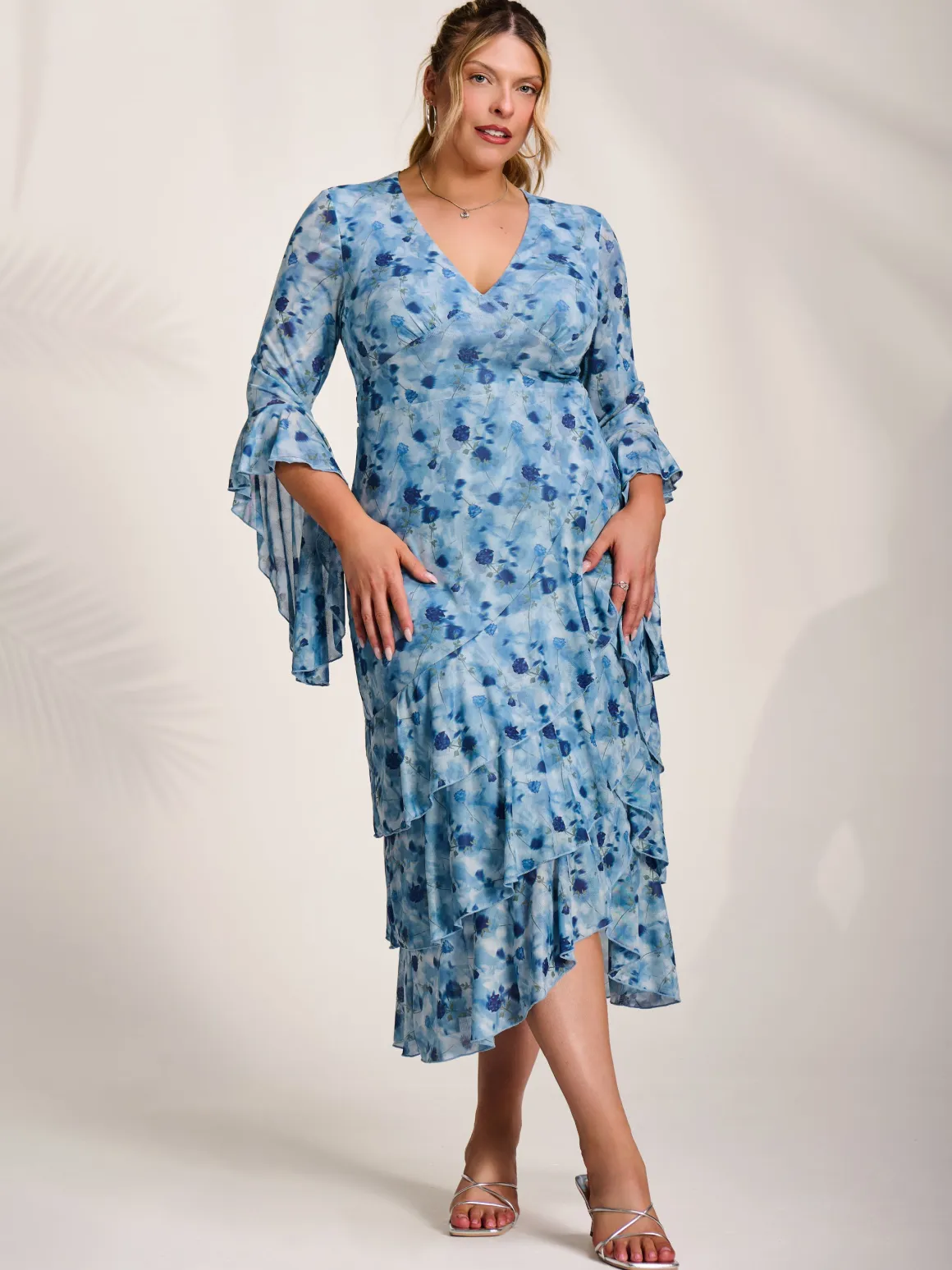 Mesh Ruffle Sleeve Tiered Midaxi Dress, Blue Floral