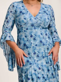 Mesh Ruffle Sleeve Tiered Midaxi Dress, Blue Floral