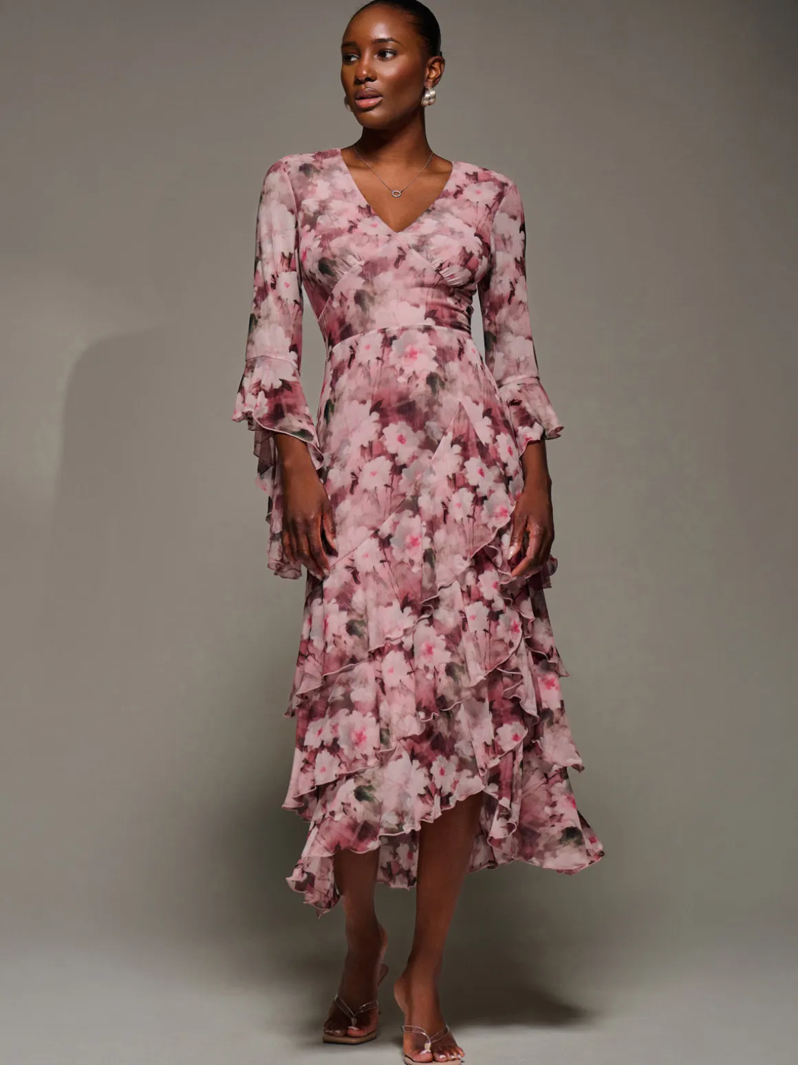 Mesh Ruffle Sleeve Tiered Midaxi Dress, Pink Floral