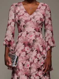 Mesh Ruffle Sleeve Tiered Midaxi Dress, Pink Floral