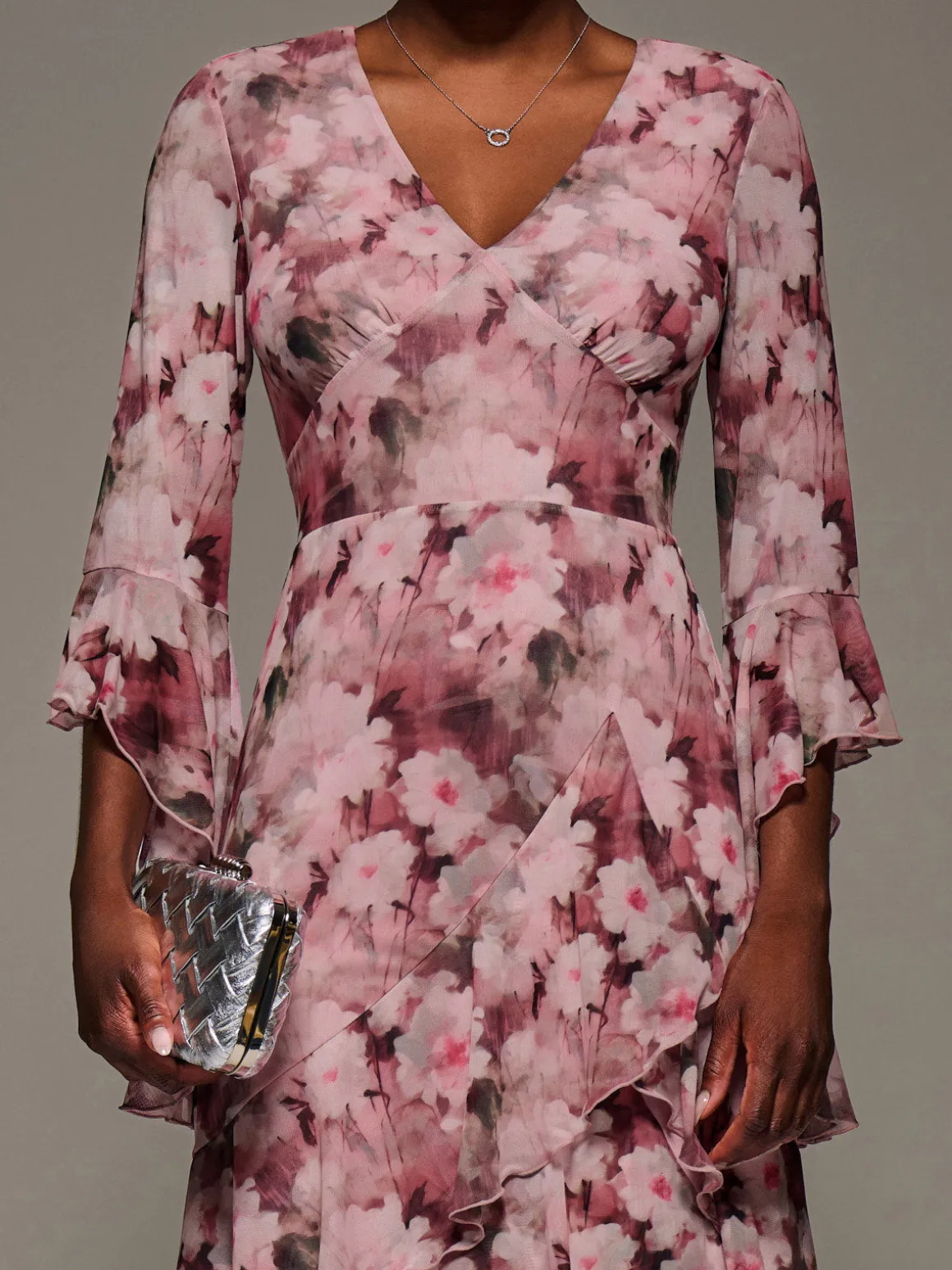 Mesh Ruffle Sleeve Tiered Midaxi Dress, Pink Floral