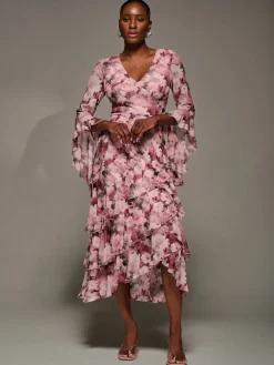 Mesh Ruffle Sleeve Tiered Midaxi Dress, Pink Floral