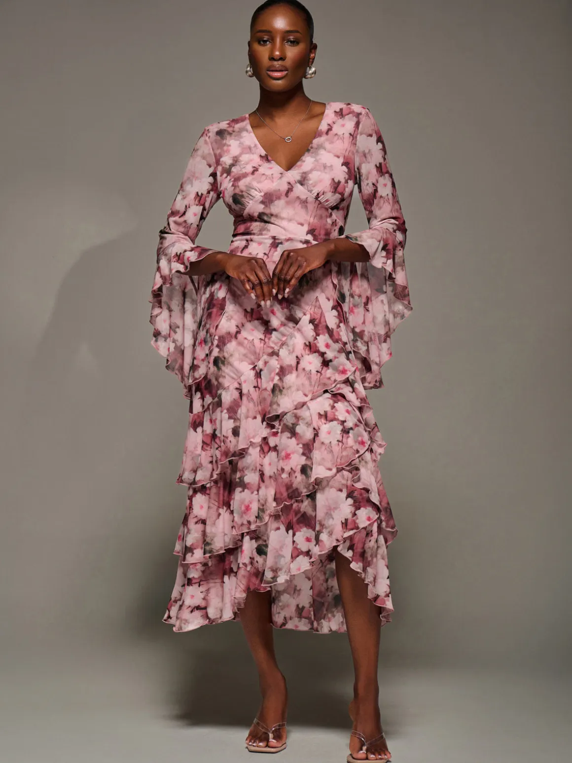 Mesh Ruffle Sleeve Tiered Midaxi Dress, Pink Floral