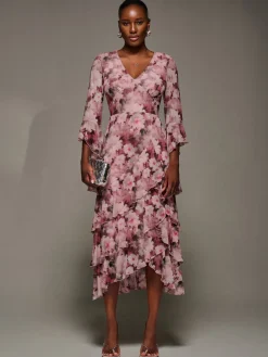 Mesh Ruffle Sleeve Tiered Midaxi Dress, Pink Floral