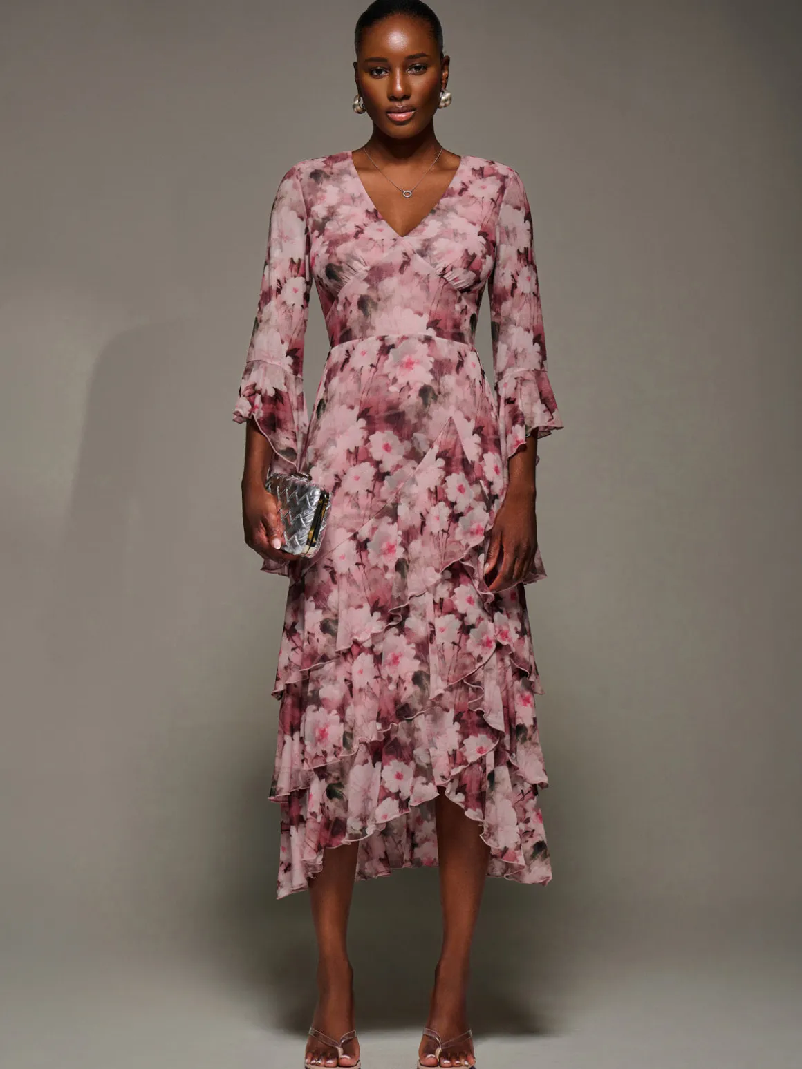 Mesh Ruffle Sleeve Tiered Midaxi Dress, Pink Floral