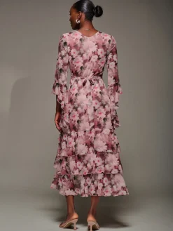 Mesh Ruffle Sleeve Tiered Midaxi Dress, Pink Floral