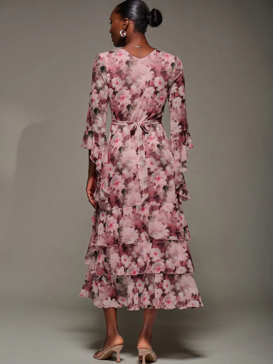 Mesh Ruffle Sleeve Tiered Midaxi Dress, Pink Floral