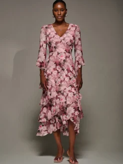 Mesh Ruffle Sleeve Tiered Midaxi Dress, Pink Floral